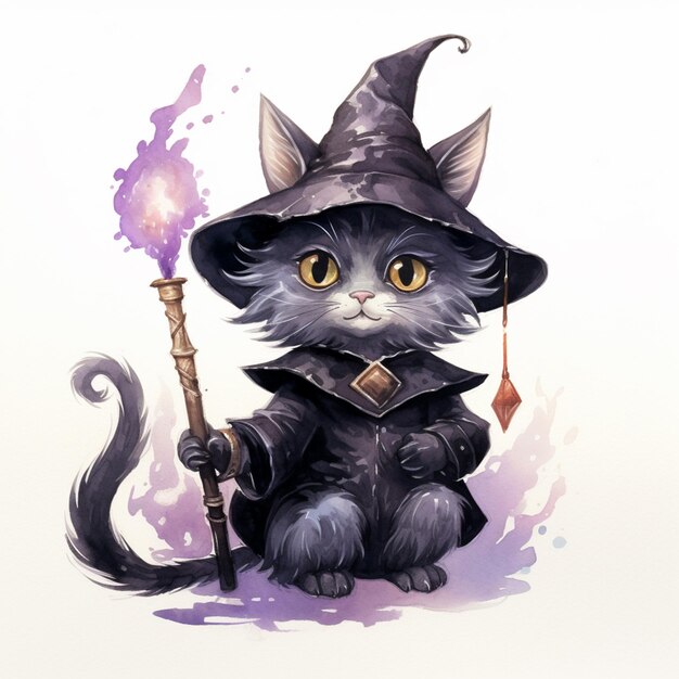 Es gibt eine als Hexe verkleidete Katze mit einem generativen Zauberstab