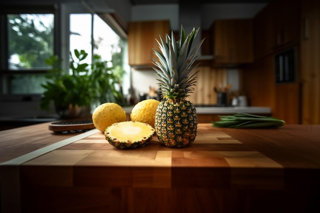 Es gibt eine Ananas und Zitronen auf einem Schneidbrett generative ai