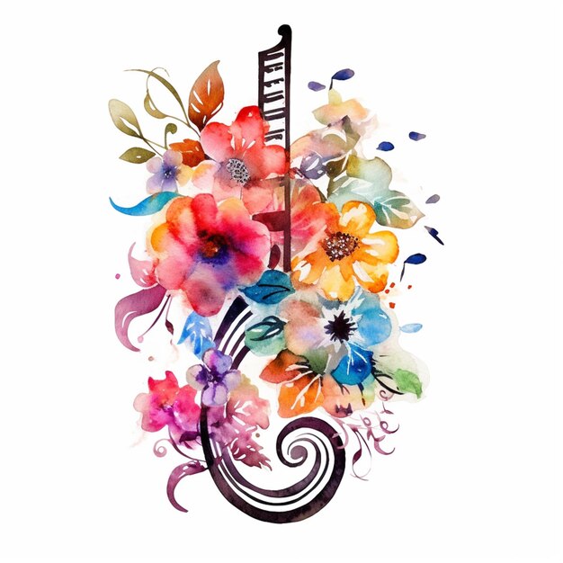 Es gibt eine Aquarellzeichnung einer musikalischen Note mit Blumen generative ai