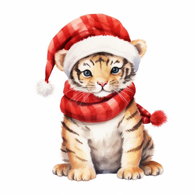 Es gibt eine Aquarellzeichnung eines Tigerjungen, der eine generative KI mit Weihnachtsmütze trägt