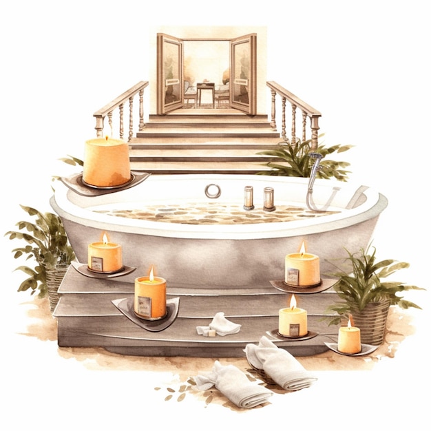 Es gibt eine Badewanne mit Kerzen und eine Topfpflanze darin.