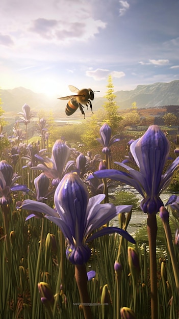 Es gibt eine Biene, die über ein Feld mit violetten Blumen fliegt, generative KI