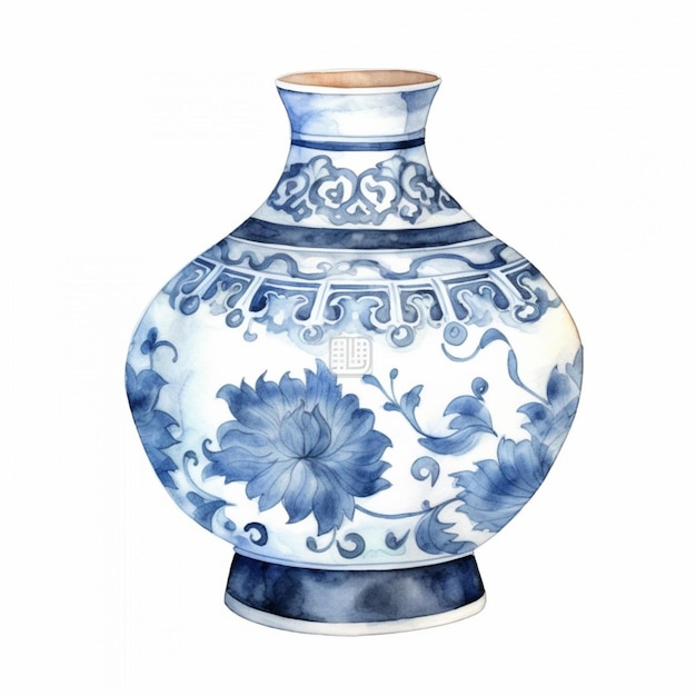 Es gibt eine blau-weiße Vase mit einem hölzernen Deckel.