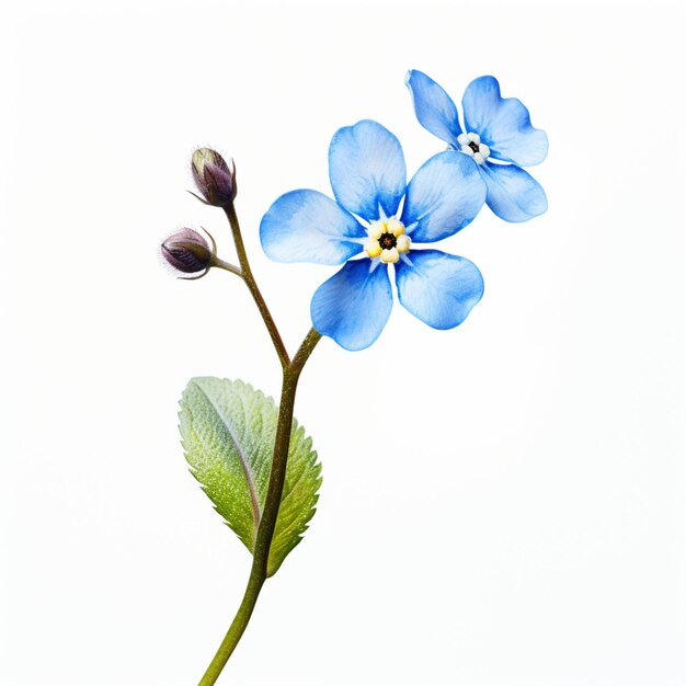 Es gibt eine blaue Blume, die auf einem Stiel mit weißem Hintergrund generiert wird.