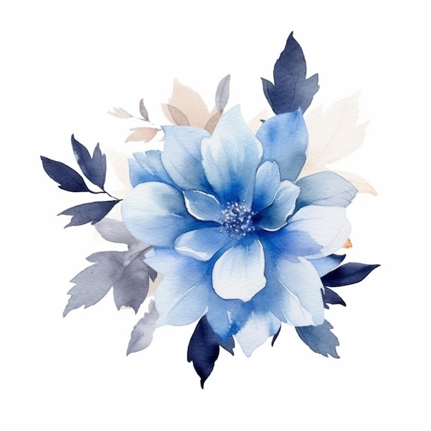 Es gibt eine blaue Blume mit Blättern auf einem weißen Hintergrund.
