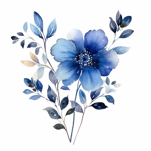 Es gibt eine blaue Blume mit Blättern auf einem weißen Hintergrund