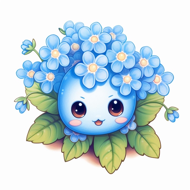 Es gibt eine blaue Blume mit einem Gesicht und generativen Blättern