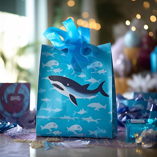 Es gibt eine blaue Geschenktasche mit einem Hai-Design darauf.