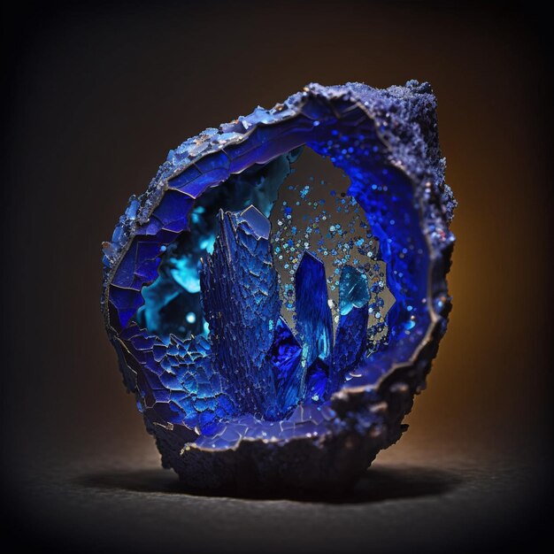 Es gibt eine blaue Glasskulptur mit blauem Hintergrund und generativer KI