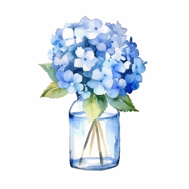 Es gibt eine blaue Vase mit blauen Blumen drin.