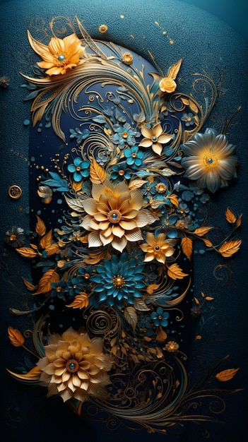 Es gibt eine blaue Vase mit goldenen Blumen und Blättern darauf