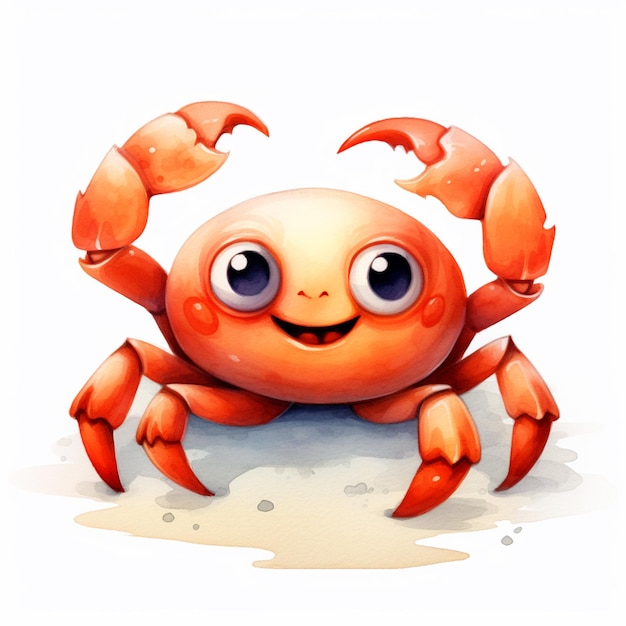 Es gibt eine Cartoon-Krabbe mit großen Augen und einem breiten, generativen Lächeln