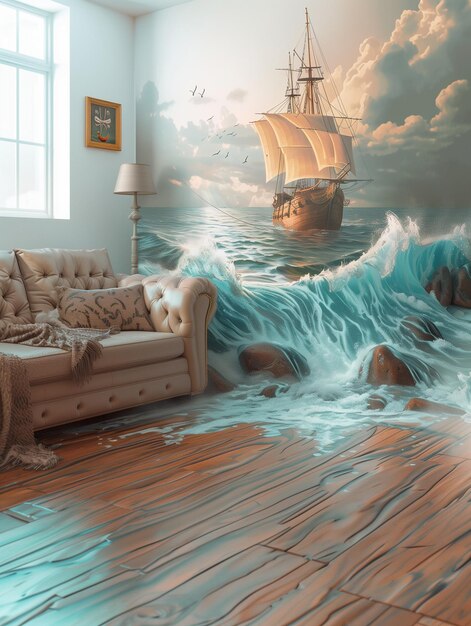 Es gibt eine Couch in einem Zimmer mit einem Gemälde an der Wand.