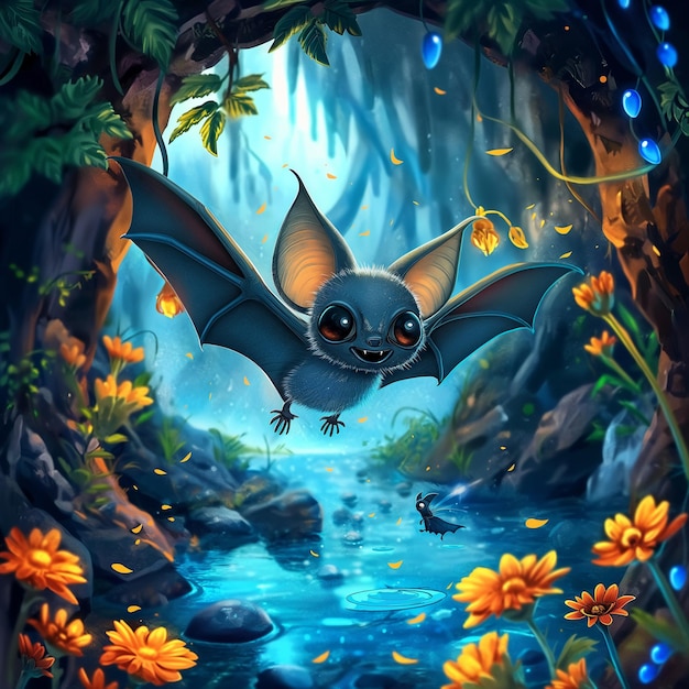 Es gibt eine Fledermaus, die über einen Fluss in einem Wald fliegt.