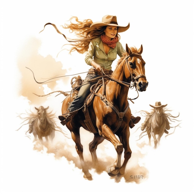 Es gibt eine Frau, die mit einer generativen Lasset-KI auf einem Pferd reitet