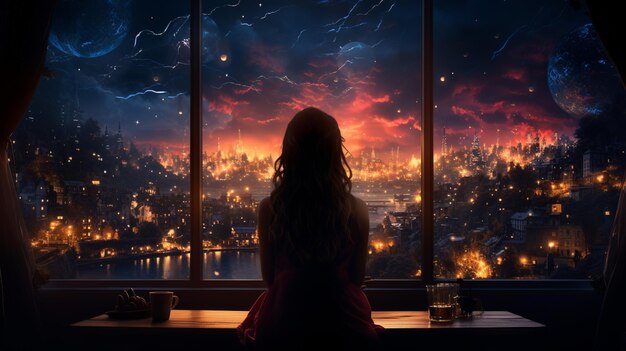 Es gibt eine Frau, die nachts aus dem Fenster in eine Stadt schaut.
