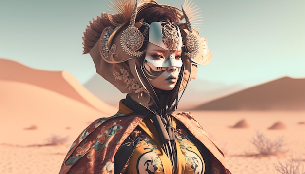 Es gibt eine Frau mit einer Maske und einem Kopfschmuck in der generativen KI der Wüste