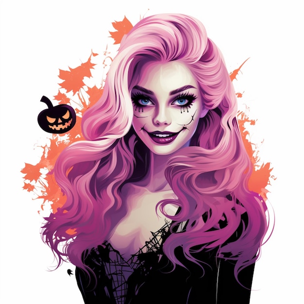 Es gibt eine Frau mit rosa Haaren und einem Halloween-Gesicht.