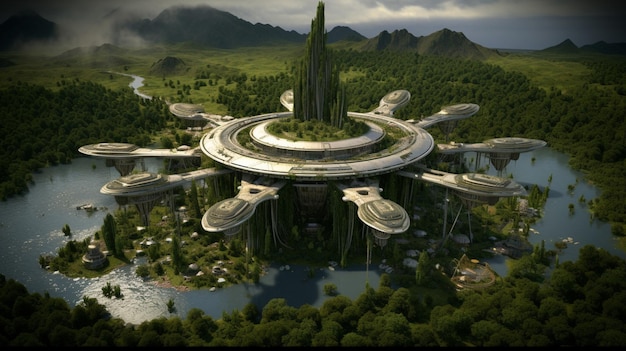 Es gibt eine futuristische Stadt, umgeben von Bäumen und Wassergeneratoren.