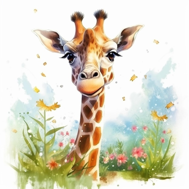 Es gibt eine Giraffe, die im Gras mit Blumen steht.