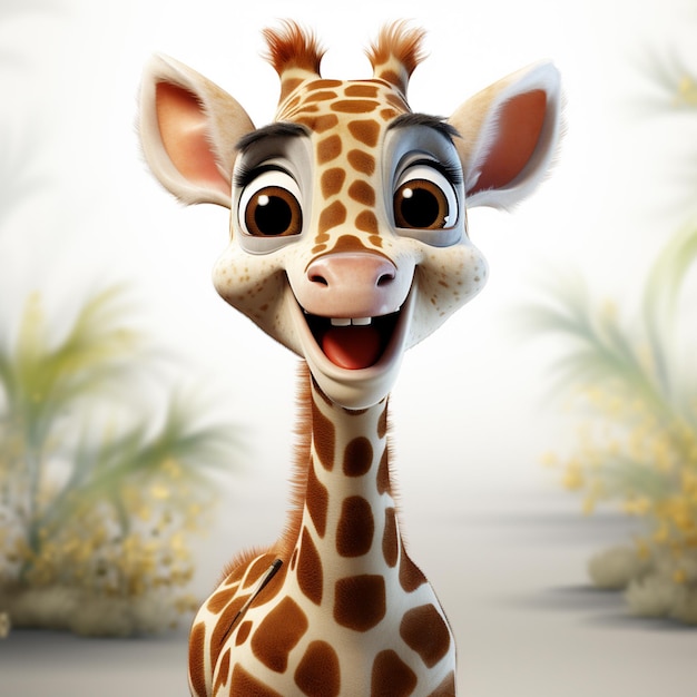 Es gibt eine Giraffe, die lächelt und im Gras steht.