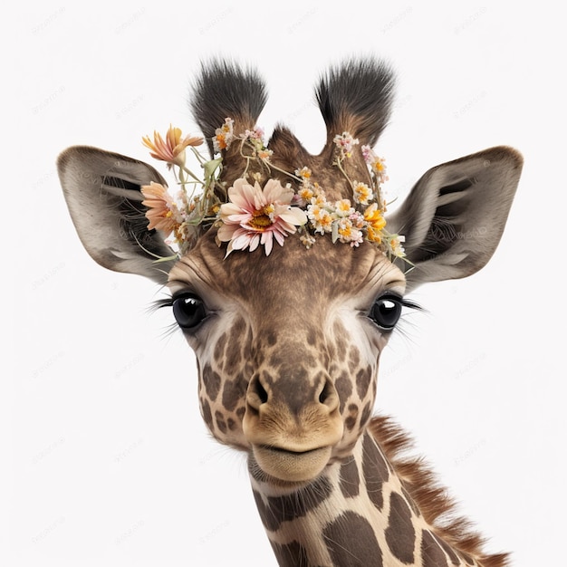 Es gibt eine Giraffe mit einer Blumenkrone auf dem Kopf.