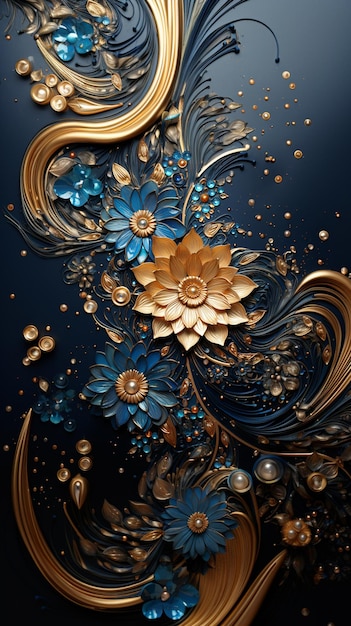 Es gibt eine goldene und blaue Blume mit Perlen auf schwarzem Hintergrund. Generative KI