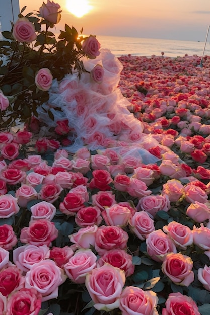 Es gibt eine große Menge rosafarbener Rosen auf dem Boden