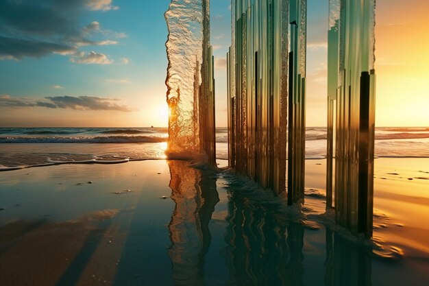 Foto es gibt eine große welle, die aus einer glasskulptur in den ozean kommt.