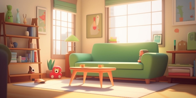 Es gibt eine grüne Couch und einen Tisch in einem Raum generative ai