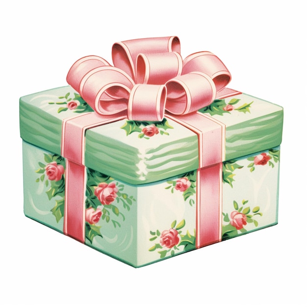 Es gibt eine grüne Geschenkkiste mit einem rosa Band und einem Bogen.