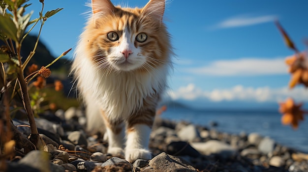 Es gibt eine Katze, die auf den Felsen am Wasser geht.