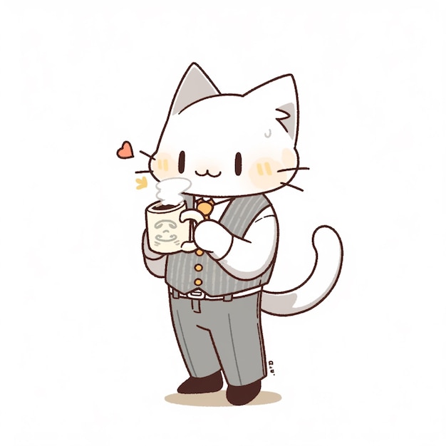 Es gibt eine Katze, die eine Tasse Kaffee in der Hand hält