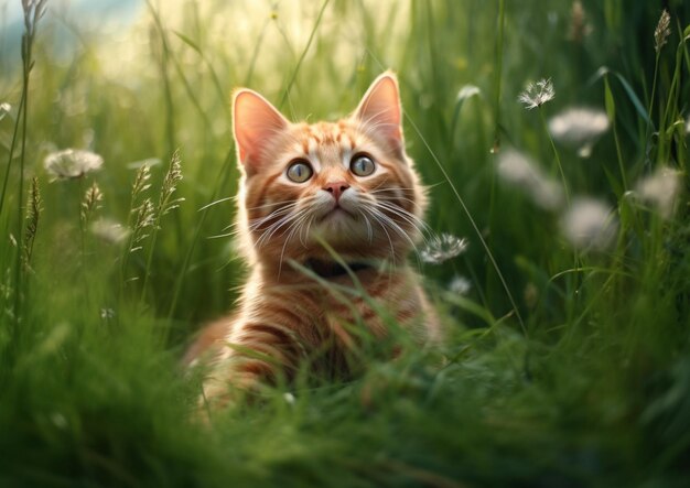 Es gibt eine Katze, die im Gras sitzt und nach oben schaut.