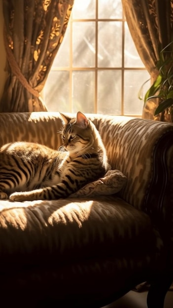 Foto es gibt eine katze, die in der sonne auf einer couch liegt.