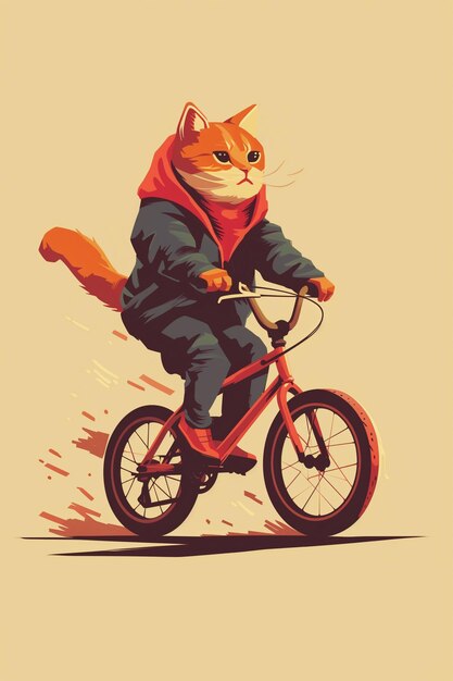Es gibt eine Katze, die mit einem Baseballschläger auf dem Lenker ein Fahrrad fährt.