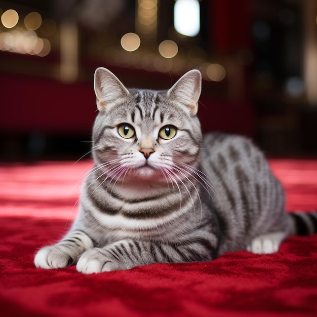 Es gibt eine Katze, die sich auf eine rote Decke legt, generative KI