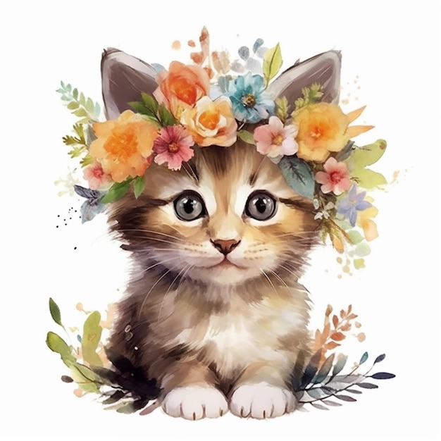 Es gibt eine Katze mit einer Blumenkrone auf dem Kopf, generative KI