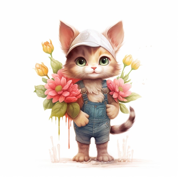 Es gibt eine Katze mit Hut und Overall, die Blumen hält.