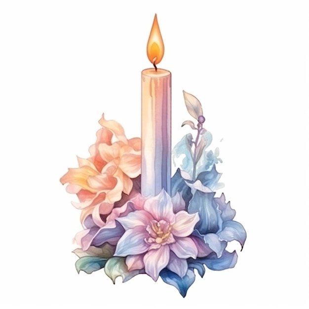 Es gibt eine Kerze mit Blumen und Blättern um sie herum, generative KI