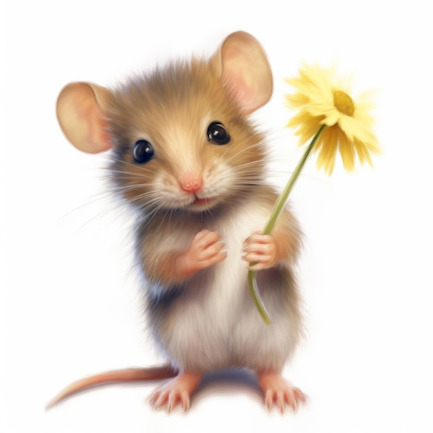 Es gibt eine kleine Maus, die eine Blume in ihrer Hand hält, generative KI