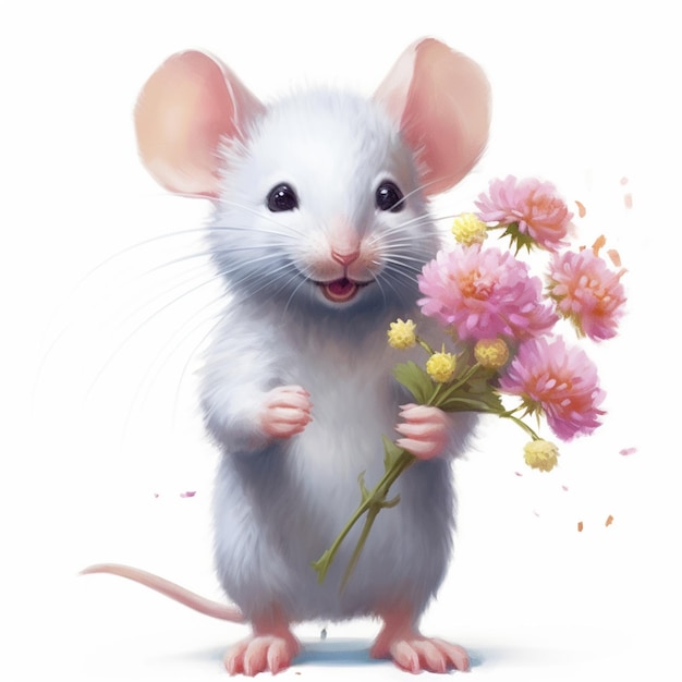 Es gibt eine kleine Maus, die einen Blumenstrauß in ihren Pfoten hält, generative KI