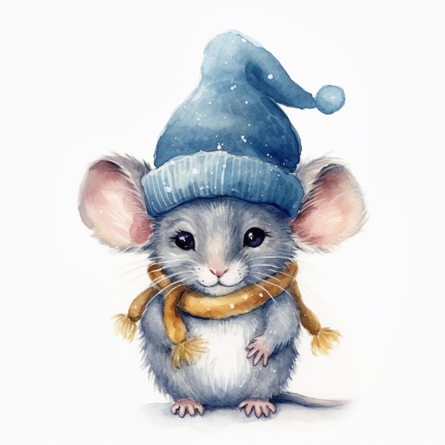 Es gibt eine kleine Maus, die einen Hut und einen Schal trägt.