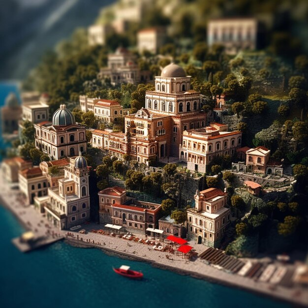 Es gibt eine kleine Stadt auf einer kleinen Insel mit einem Boot im Wasser, das künstliche Intelligenz erzeugt