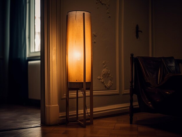 Es gibt eine Lampe, die auf einem Holzstand in einem Raum generativ ai