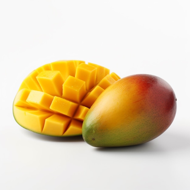 Es gibt eine Mango und eine in die Hälfte geschnittene Mango.