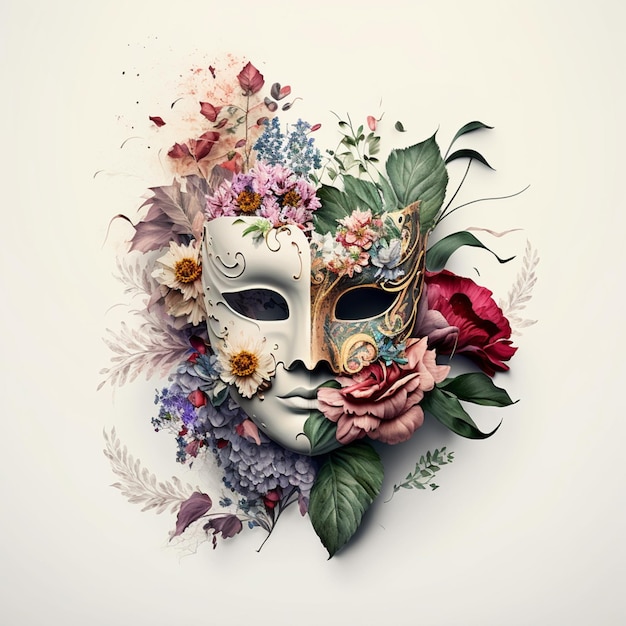 Es gibt eine Maske mit Blumen und Blättern generativ ai