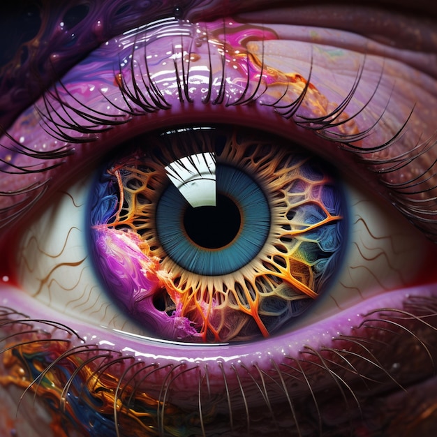 Es gibt eine Nahaufnahme des Auges einer Person mit einer farbenfrohen generativen Iris