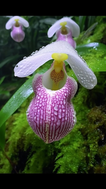 Es gibt eine Nahaufnahme einer Blume mit Wassertropfen darauf, generative KI