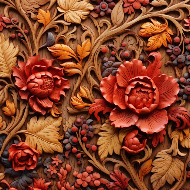 Es gibt eine Nahaufnahme einer dekorativen Holzschnitzerei mit Blumen generativ ai